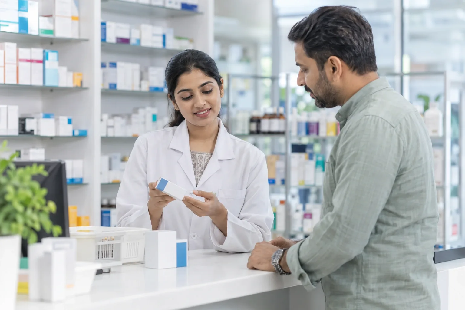 An Indian pharmacist in a white coat consulting with an adult customer at a pristine pharmacy counter, unbranded packages with no readable labels, calm daylight.